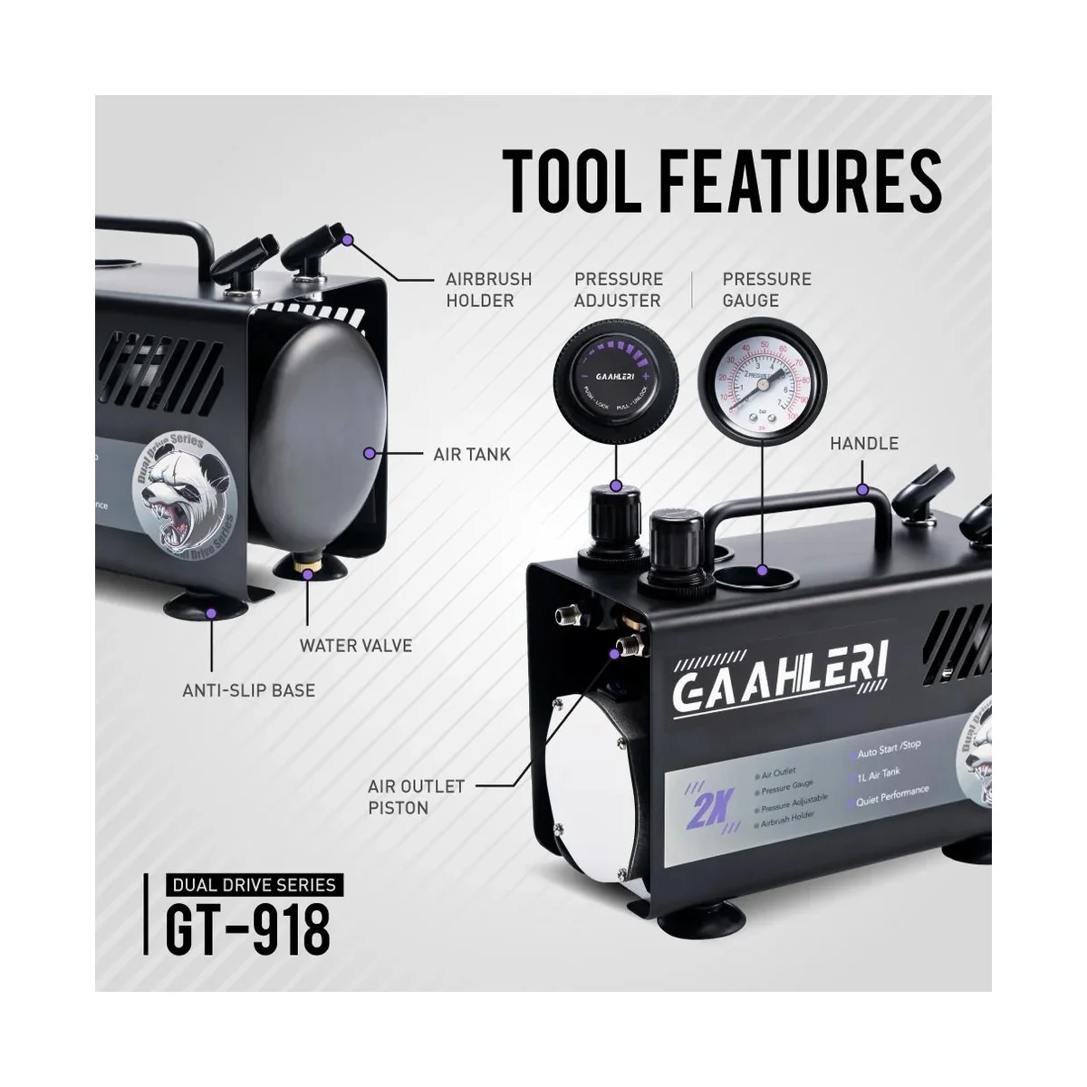 Dual Drive GT-918 Series Airbrush Air Compressor Gaahleri - 42878