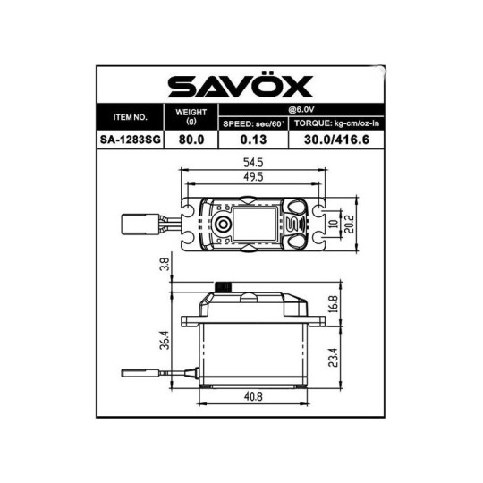 Servo SA-1283SG+ 30kg 0.13s Savox Savox SA-1283SG+ - 2 SA-1283SG+-Servo SA-1283SG+ 30kg 0.13s Savox