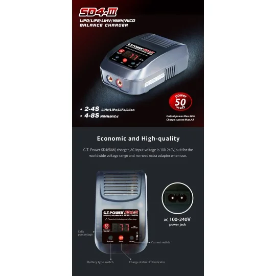 GT-SD4-Chargeur SD4 50W LiPo/LiFe/LiHV/NiMh GT-Power - GT-SD4