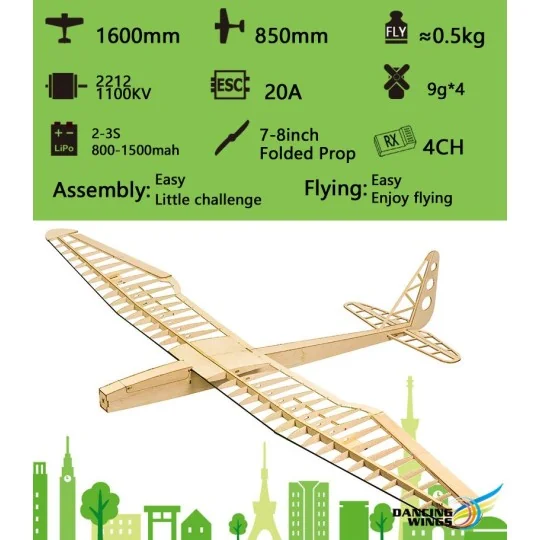 Planeur SunBird V2 1600mm kit balsa DW Hobby DW Hobby - Dancing Wings Hobby F1601C - 10 F1601C-Planeur SunBird V2 1600mm kit balsa DW Hobby - F1601C