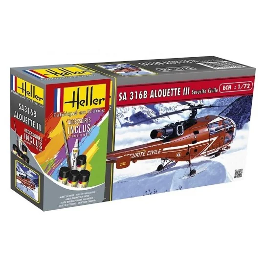 HEL-56289-Alouette III Sécurité Civile 1/72 Heller + colle et peintures