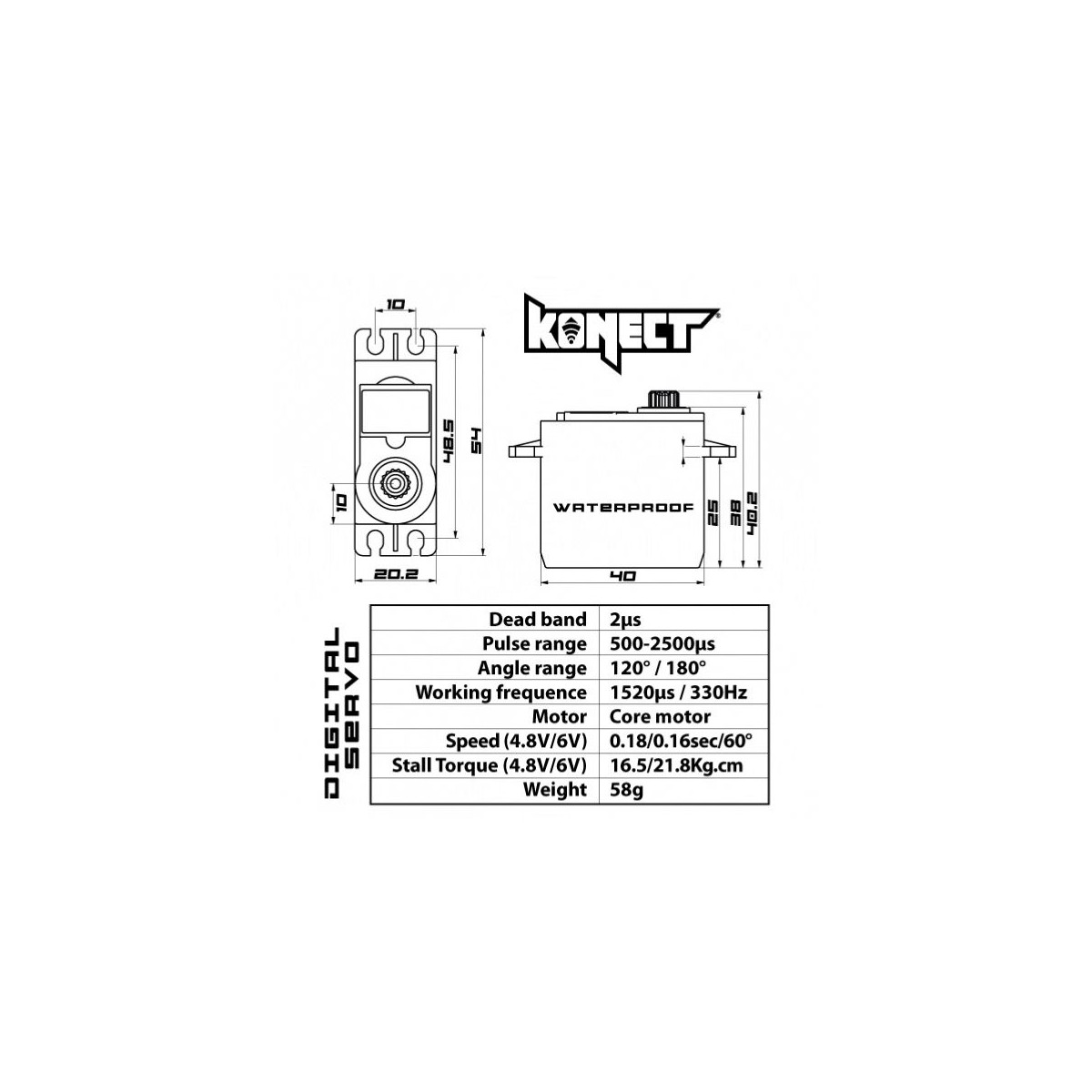 Servo 2113LVWP 21kg-0.16s Etanche pignons métal Konect Konect KN-2113LVWP - 2