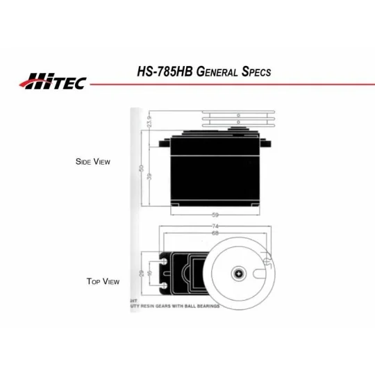 112785-Servo treuil 3.5 tours HS-785HB Hitec 13.2kg.cm, 1.4s/360°