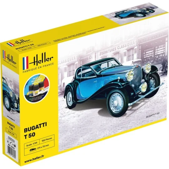 Bugatti T 50 1/24 Heller + colle et peintures Heller HEL-56706 - 1 HEL-56706-Bugatti T 50 1/24 Heller + colle et peintures - HEL-56706