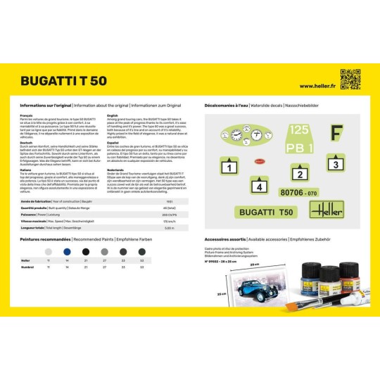 HEL-56706-Bugatti T 50 1/24 Heller - glue and paints - HEL-56706