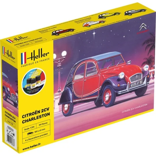 Citroen 2CV Charleston 1/24 Heller + colle et peintures Heller HEL-56766 - 1 HEL-56766-Citroen 2CV Charleston 1/24 Heller + colle et peintures - HEL-56766