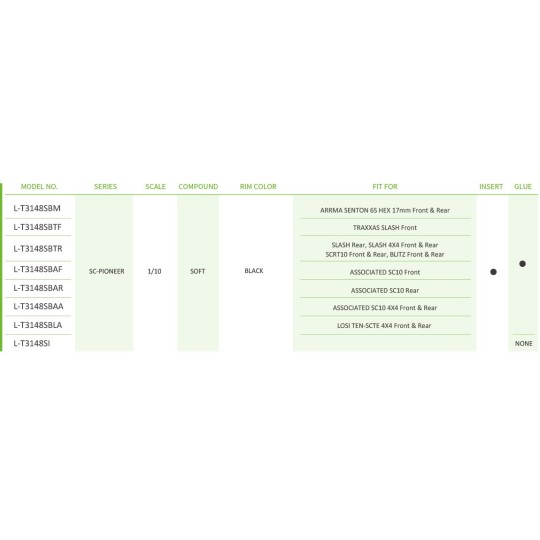 LR-T3148SBTF-Pneus SC-Pioneer + Jantes batons Noir 1/10 (x2) Louise RC