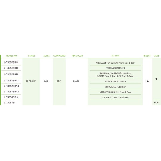 L-T3154SBTR-SC-Rocket Tires + Black Stick Rims 1/10 (x2) Louise RC