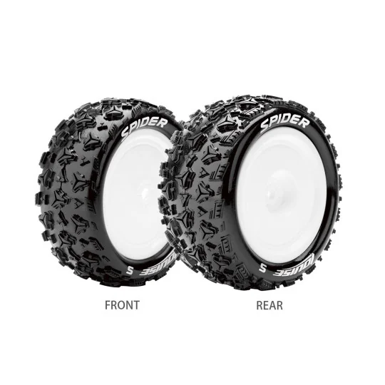 L-T3198SWKF-E-Spider Tyres + White Front Rims 1/10 (x2) Louise RC - L-T3198SWKF