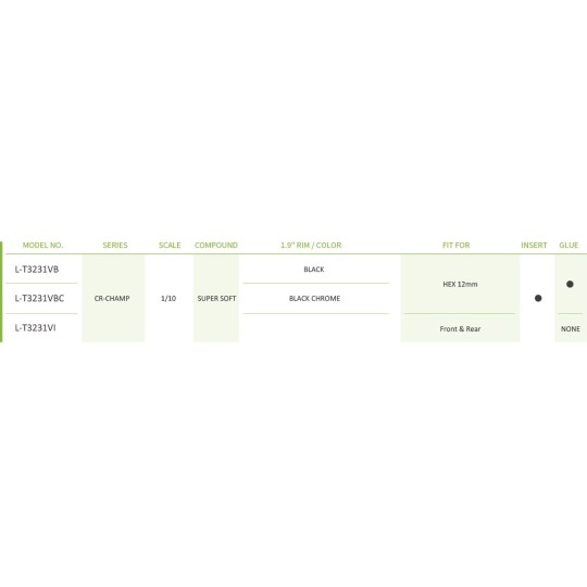 L-T3231VB-Pneus CR-Champ + Jantes 1.9" Noir 1/10 (x2) Louise RC