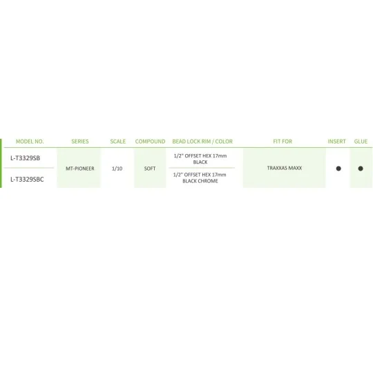 L-T3329SBC-MT-Pioneer Tires + Black Chrome Rims Traxxas Maxx (x2) Louise RC