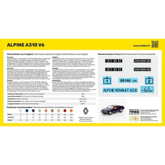 HEL-56146-Alpine A310 V6 1/43 Heller + colle et peintures
