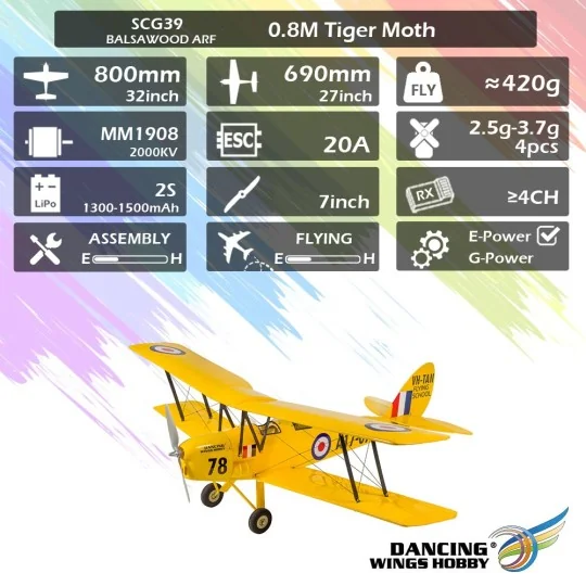 SCG3904-Tiger Moth 800m S39 Kit ARF PNP balsa DW Hobby - SCG3904