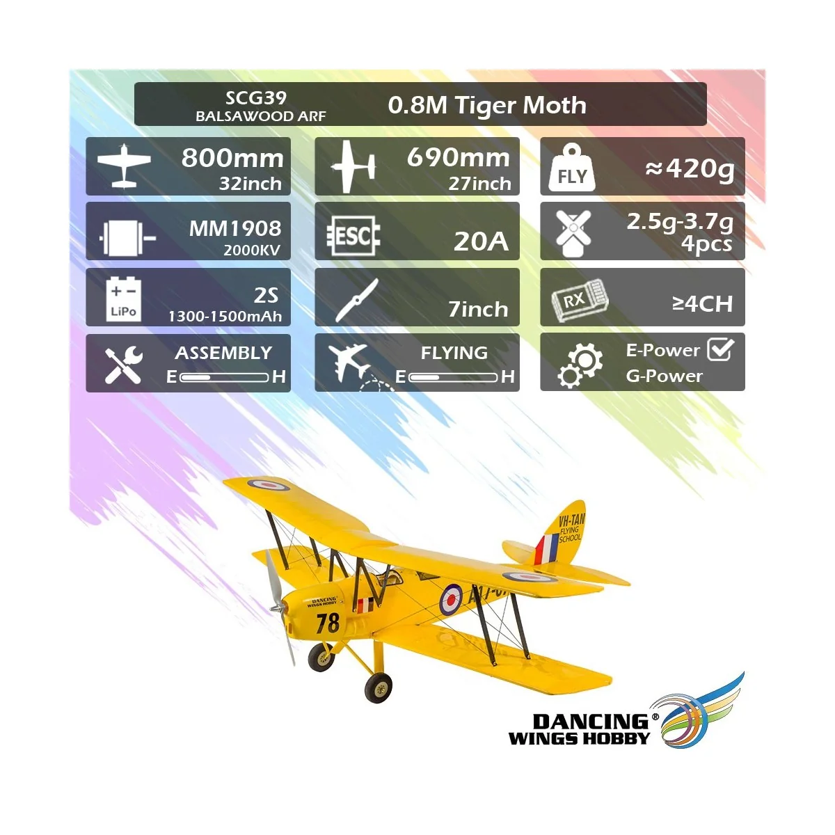 Tiger Moth 800m S39 Kit ARF PNP balsa DW Hobby DW Hobby - Dancing Wings Hobby SCG3904 - 15 Tiger Moth 800m S39 Kit ARF PNP balsa DW Hobby DW Hobby - Dancing Wings Hobby SCG3904 - 15