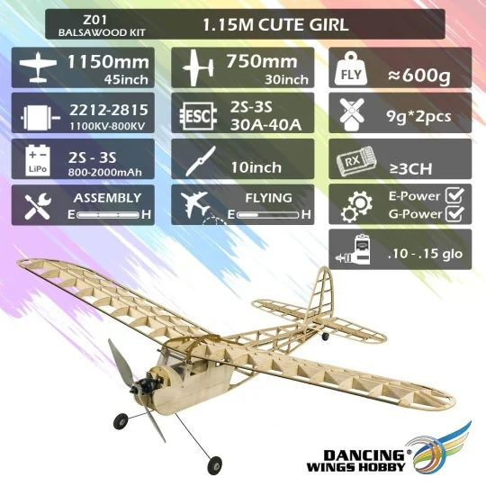 Cute Girl 1.15m Z01 Kit PNP balsa DW Hobby DW Hobby - Dancing Wings Hobby Z0104 - 14 Z0104-Cute Girl 1.15m Z01 Kit PNP balsa DW Hobby - Z0104