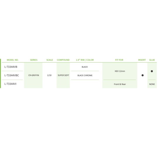L-T3344VB-Pneus CR-Griffin class 1 + Jantes 1.9" Noir classe 1 1/10 (x2) Louise RC