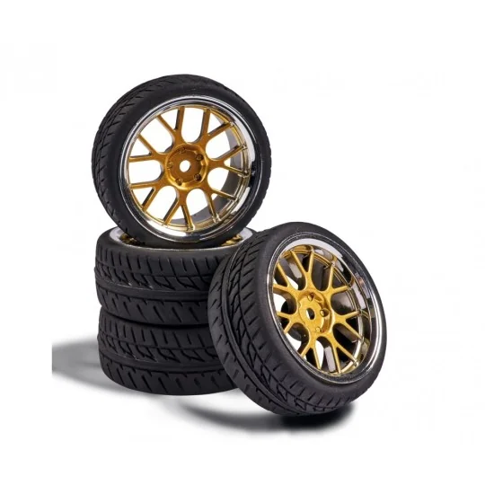 500900163-Wheels 7 spoke Y gold / chrome 26mm 1/10 (4) Carson - 500900163