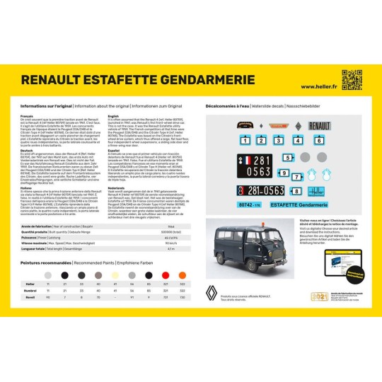 HEL-56742-Renault Estafette Gendarmerie 1/24 Heller + colle et peintures