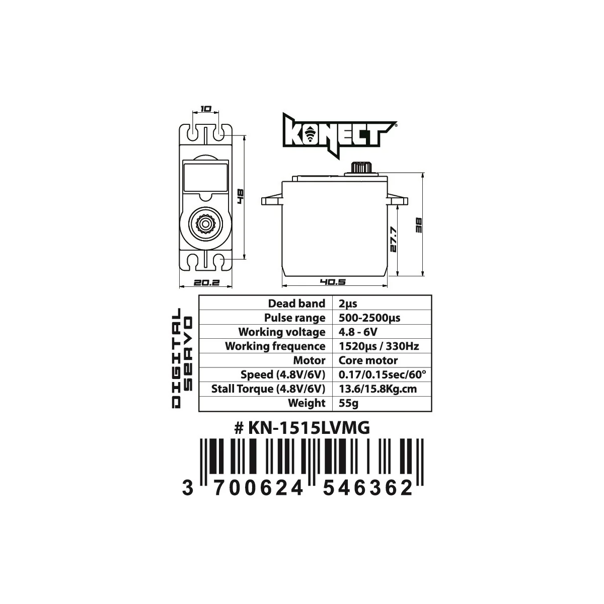 Servo 1515LVMG 15kg-0.15s pignons métal Konect Konect KN-1515LVMG - 2