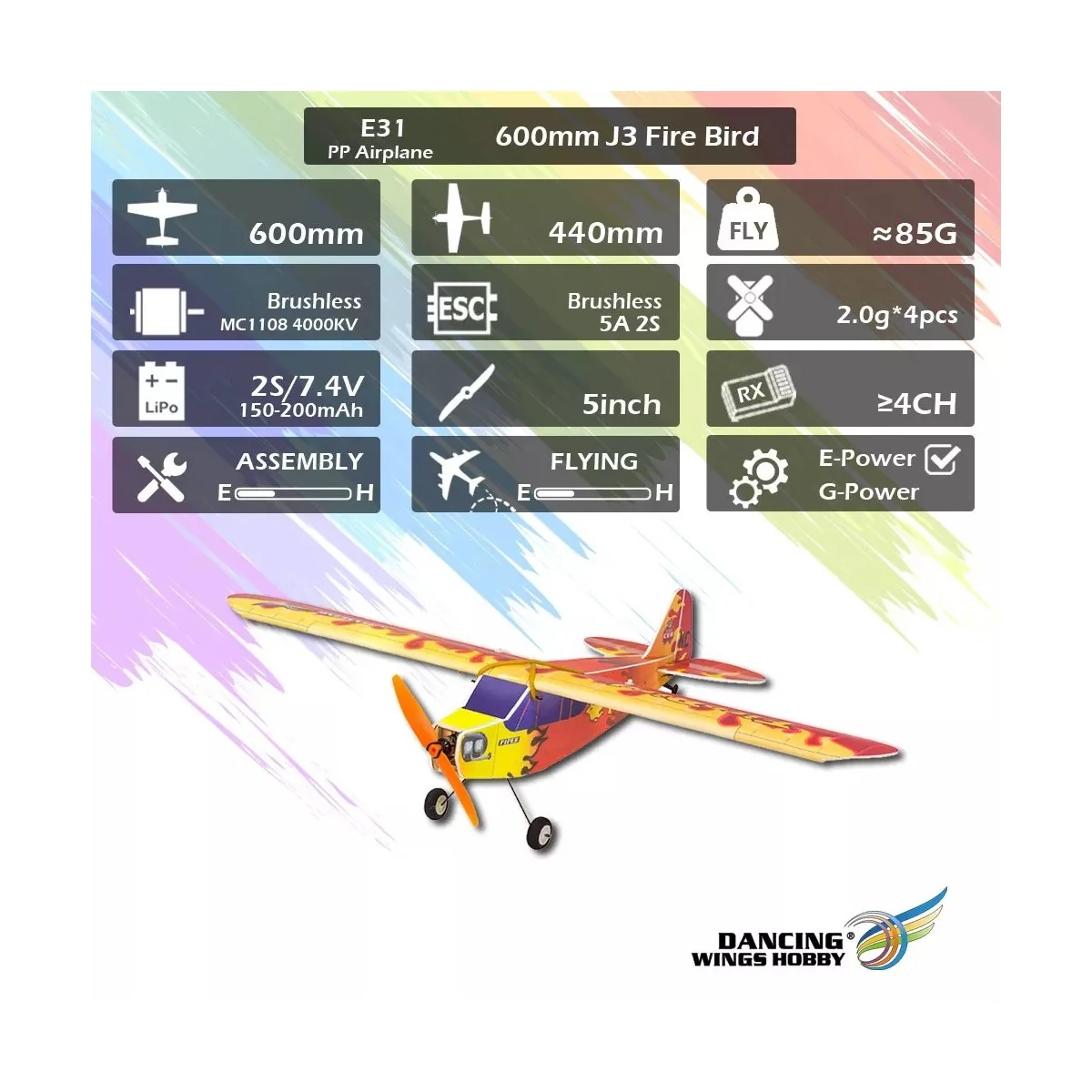J3 Firebird 600mm E31 EPP DW Hobby Single Kit DW Hobby - Dancing Wings Hobby E3101 - 13 J3 Firebird 600mm E31 EPP DW Hobby Single Kit DW Hobby - Dancing Wings Hobby E3101 - 13