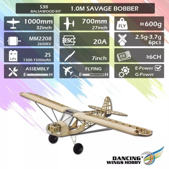 Savage Bobber 1000mm S38 Kit balsa PNP DW Hobby DW Hobby - Dancing Wings Hobby S3808 - 16 S3808-Savage Bobber 1000mm S38 Balsa Kit PNP DW Hobby - S3808