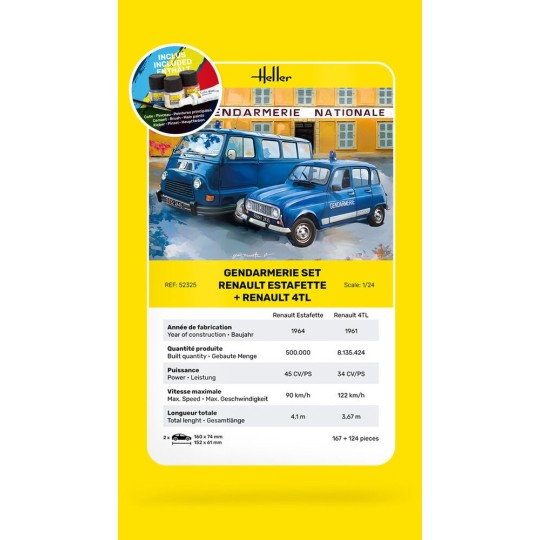 HEL-52325-Set Renault Estafette and Renault 4TL Gendarmerie 1/24 Heller + glue and paints