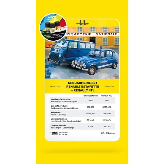 Set Renault Estafette et Renault 4TL Gendarmerie 1/24 Heller + colle et peintures Heller HEL-52325 - 3 HEL-52325-Set Renault Estafette et Renault 4TL Gendarmerie 1/24 Heller + colle et peintures - HEL-52325