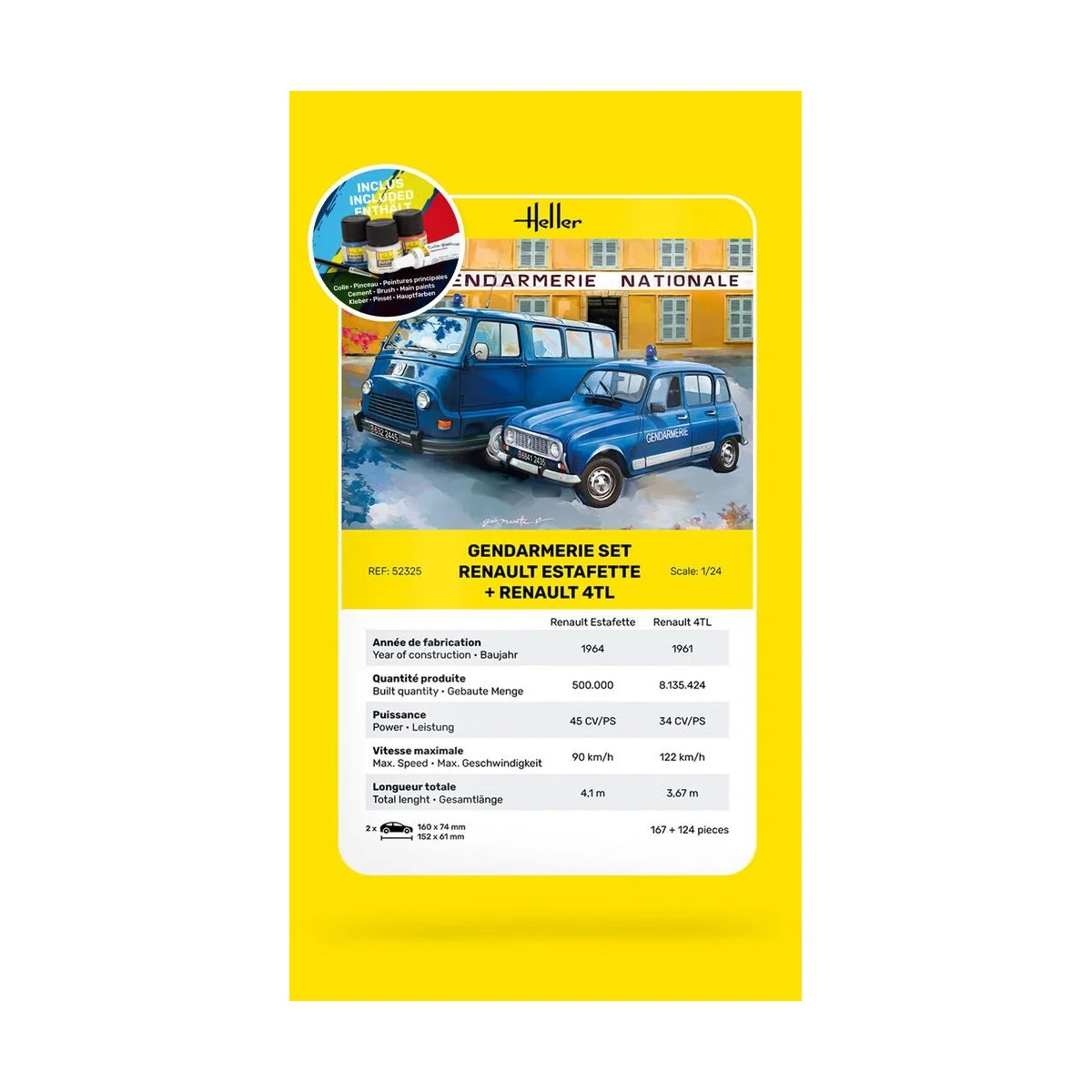 Set Renault Estafette et Renault 4TL Gendarmerie 1/24 Heller + colle et peintures Heller HEL-52325 - 3 Set Renault Estafette et Renault 4TL Gendarmerie 1/24 Heller + colle et peintures Heller HEL-52325 - 3