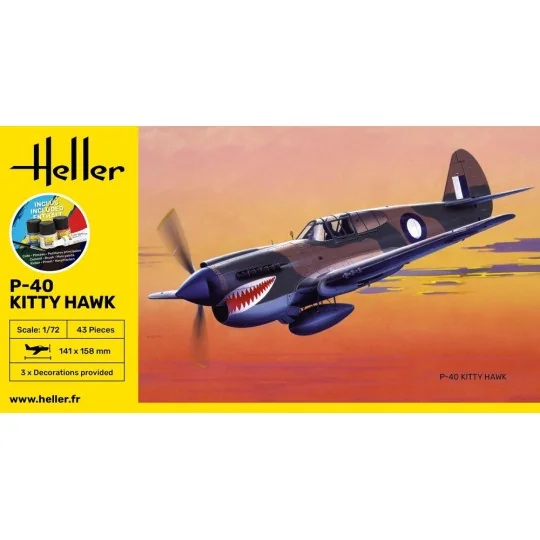 HEL-56266-P-40 Kitty Hawk 1/72 Heller + Glue & Paints - HEL-56266