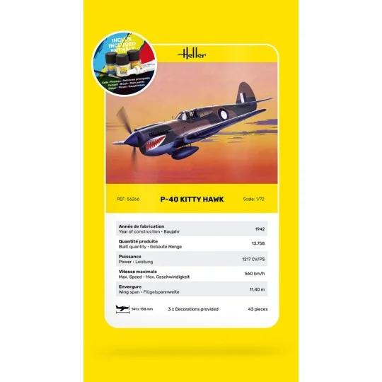 HEL-56266-P-40 Kitty Hawk 1/72 Heller + Glue & Paints - HEL-56266