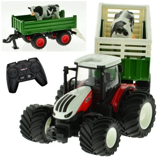 K-6644K-Tracteur RC rouge grosses roues avec remorque et vache 1/24 Korody