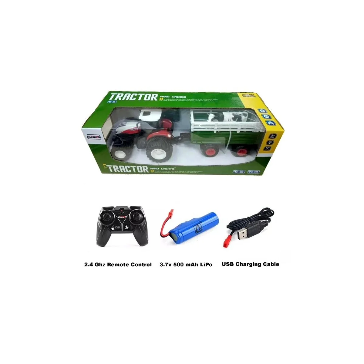 Tracteur RC rouge grosses roues avec remorque et vache 1/24 Korody  K-6644K - 11