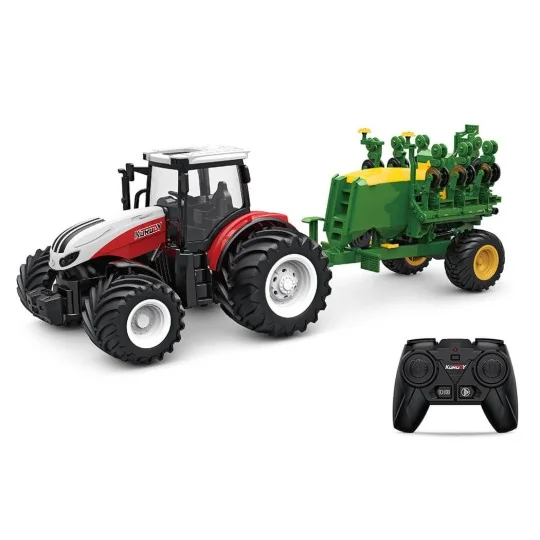 K-6646K-Tracteur RC rouge grosses roues avec remorque semoir 1/24 Korody