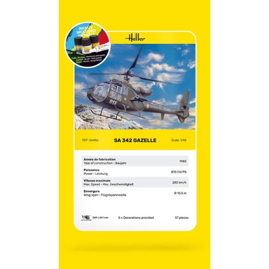HEL-56486-SA 342 Gazelle 1/48 Heller + colle et peintures