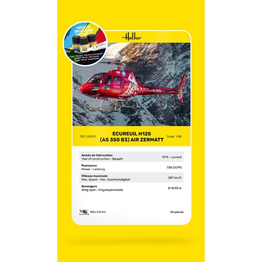 HEL-56490-Ecureuil H125 (AS 350 B3) Air Zermatt 1/48 Heller + colle et peintures