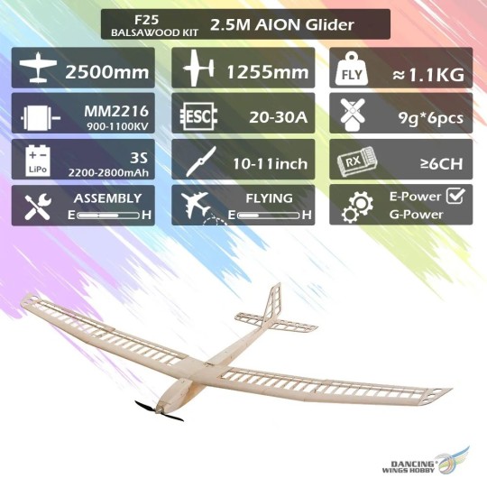Aion 2500mm Glider Balsa Kit DW Hobby DW Hobby - Dancing Wings Hobby F2501C - 8 F2501C-Aion 2500mm Glider Balsa Kit DW Hobby - F2501C