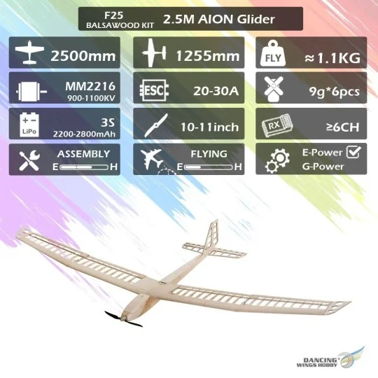 Aion 2500mm Glider Balsa Kit DW Hobby DW Hobby - Dancing Wings Hobby F2501C - 8 F2501C-Aion 2500mm Glider Balsa Kit DW Hobby - F2501C