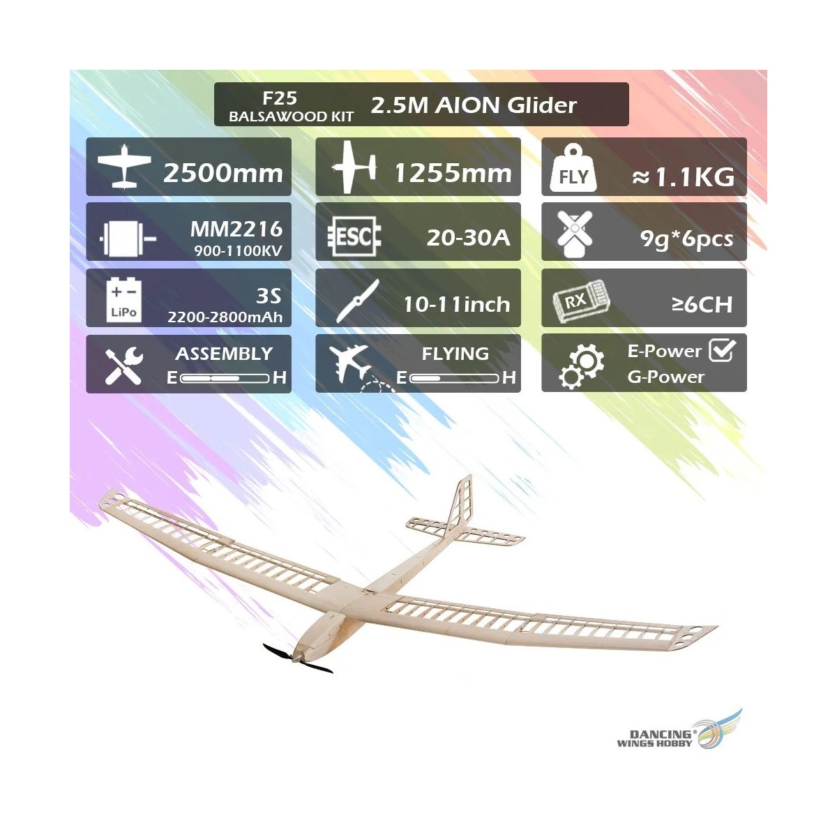 Aion 2500mm Glider Balsa Kit DW Hobby DW Hobby - Dancing Wings Hobby F2501C - 8