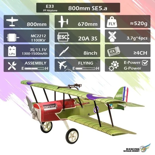 S.E 5.a 800mm E33 EPP Kit PNP DW Hobby DW Hobby - Dancing Wings Hobby E3304 - 15 E3304-Kit S.E 5.a 800 mm E33 EPP PNP DW Hobby - E3304