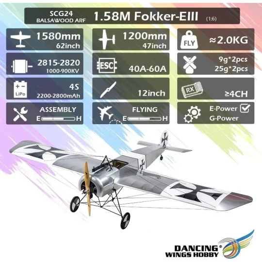 SCG2404-Fokker-E 1.58m 1/6 S24 Kit ARF PNP balsa DW Hobby - SCG2404