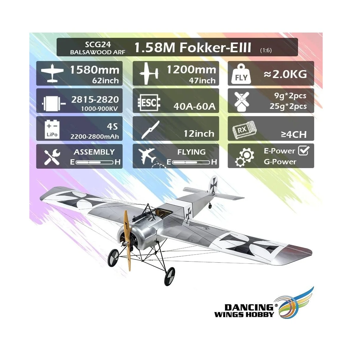 Fokker-E 1.58m 1/6 S24 Kit ARF PNP balsa DW Hobby DW Hobby - Dancing Wings Hobby SCG2404 - 10 Fokker-E 1.58m 1/6 S24 Kit ARF PNP balsa DW Hobby DW Hobby - Dancing Wings Hobby SCG2404 - 10