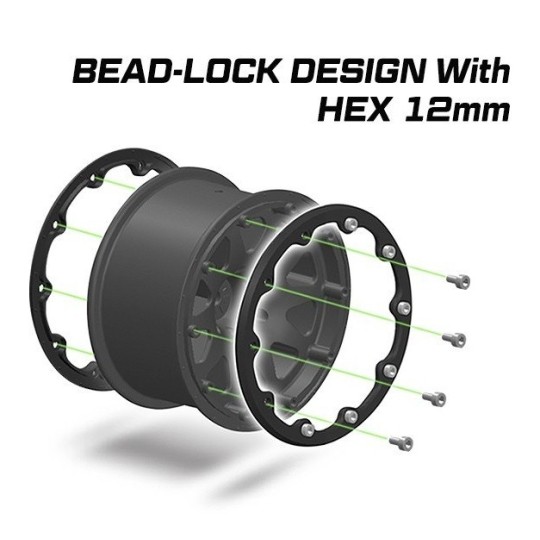 L-T3308SB-Pneus MT-Pioneer + Jantes Noir Monster 1/10 (x2) Louise RC