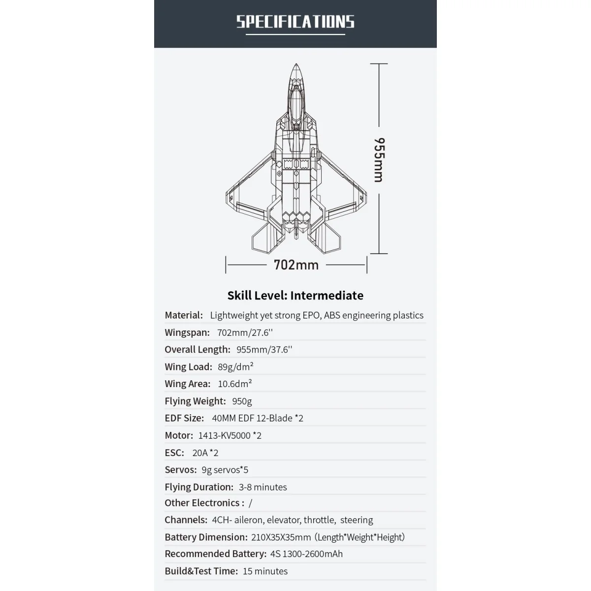 Jet EDF F-22 Raptor Twin Turbine 40mm Approx. 702mm PNP XFly XF117P - 2