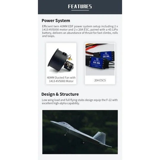 XF117P-Jet EDF F-22 Raptor Bi-Turbine 40mm env. 702mm PNP XFly