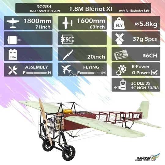 SCG3408-Bleriot XI 1.80m S34 Kit ARF PNP balsa DW Hobby