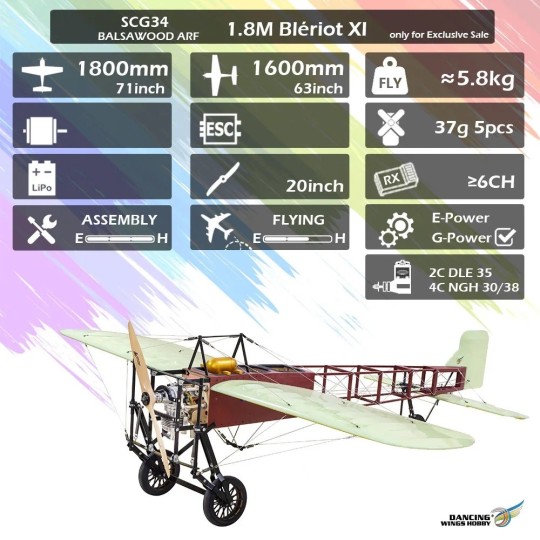 SCG3401-Blériot XI 1.80m S34 Kit ARF balsa DW Hobby - SCG3401