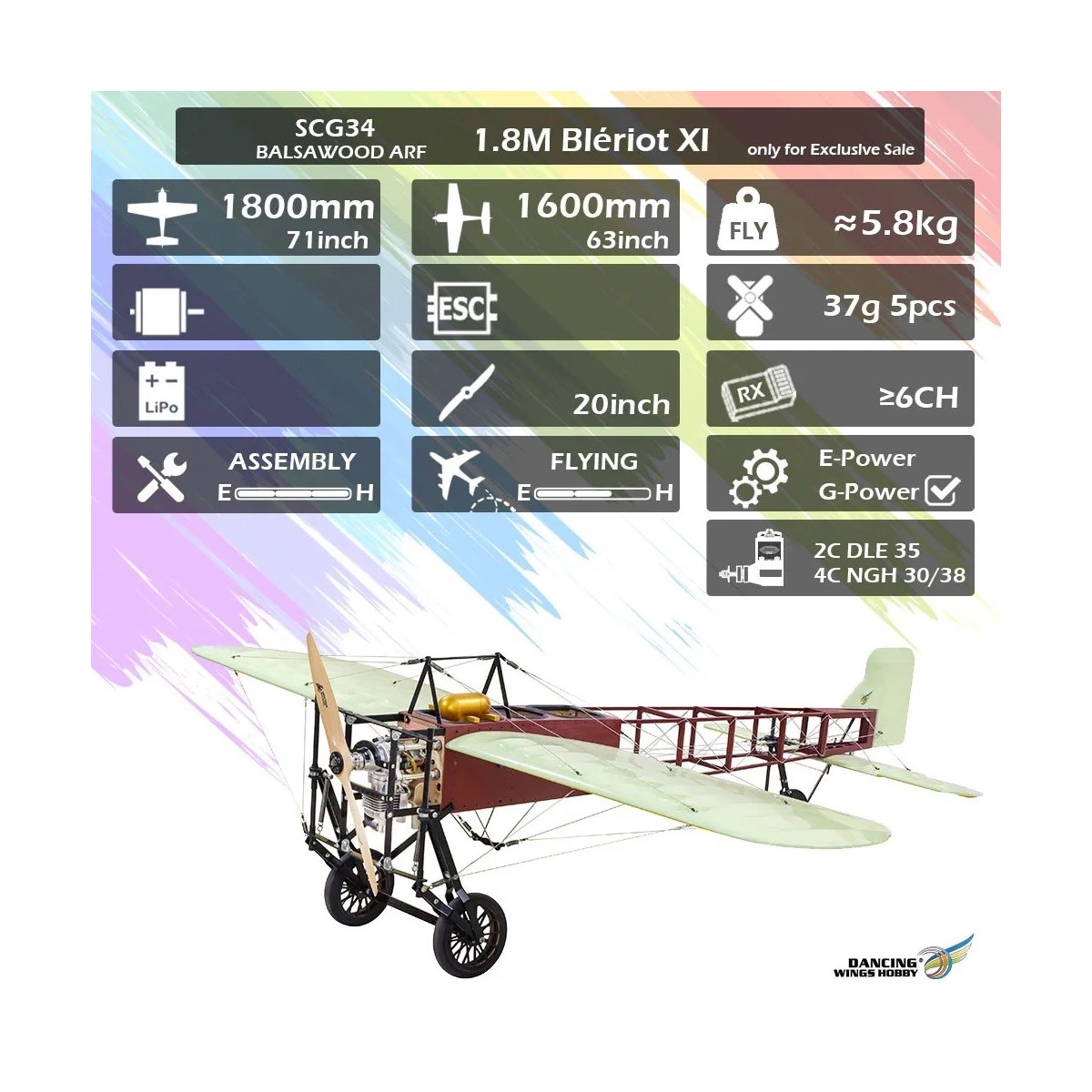 Bleriot XI 1.80m S34 Kit ARF balsa DW Hobby DW Hobby - Dancing Wings Hobby SCG3401 - 8 Bleriot XI 1.80m S34 Kit ARF balsa DW Hobby DW Hobby - Dancing Wings Hobby SCG3401 - 8