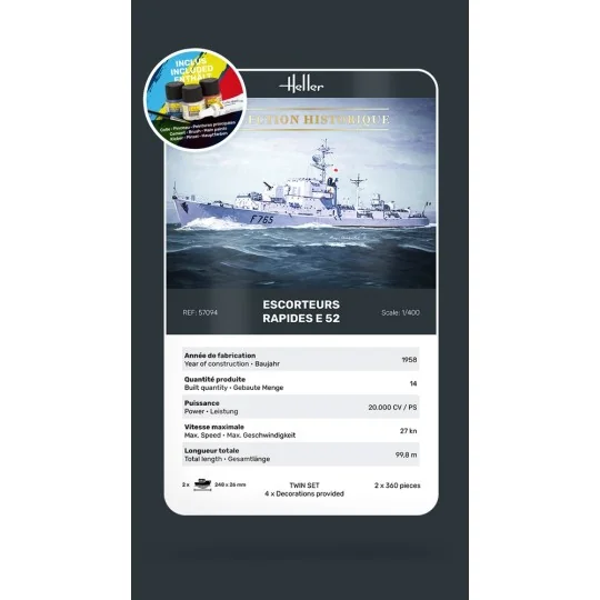HEL-57094-Bateaux Set de 2 Escorteurs Rapides E 52 1/400 Heller + colle et peintures