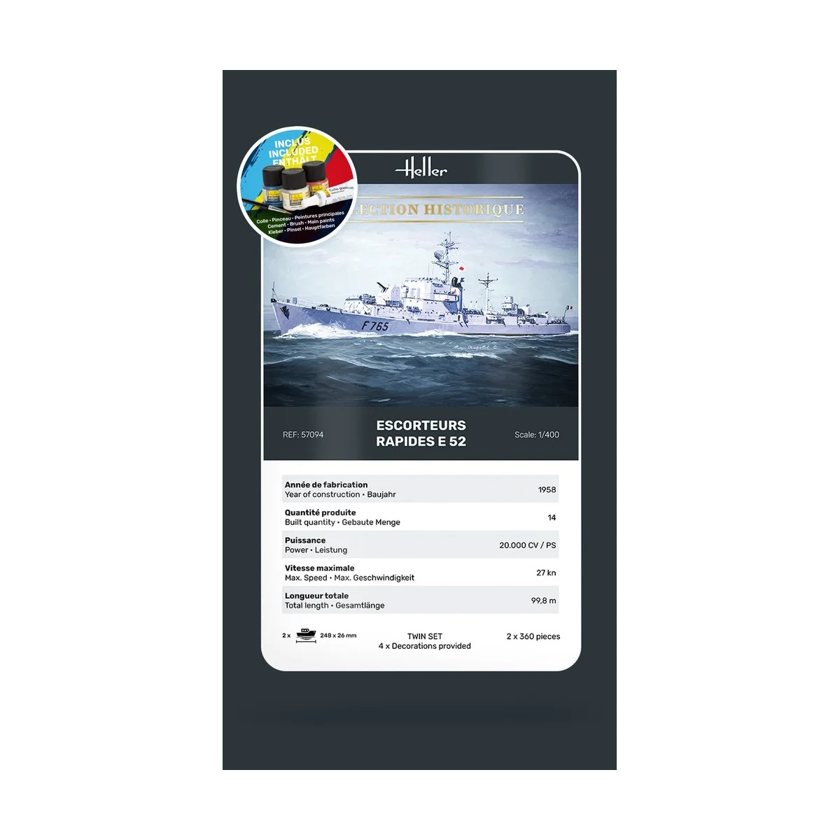Boats Set of 2 Fast Escorts E 52 Collection Historique 1/400 Heller + glue and paints Heller HEL-57094 - 5 Boats Set of 2 Fast Escorts E 52 Collection Historique 1/400 Heller + glue and paints Heller HEL-57094 - 5