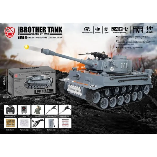 BT-812-Char RC German Tiger 1 Gris 1/18 RTR Brother Tank - BT-812